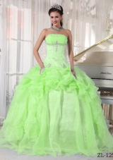 Lime Green Strapless Organza Sweet 15 Dresses with Beading and Pick-ups