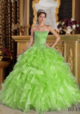 Lime Green Sweetheart Organza Quinceanera Gowns with Beading and Ruffles