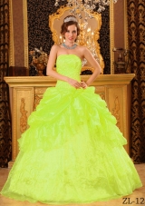 Princess Strapless Organza Appliques and Pick-ups for Lime Green Quinceanera Dress