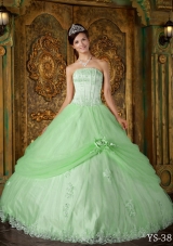 Princess Strapless Tulle Quinceanera Dresses with Appliques and Flowers