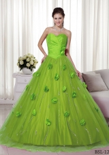 Princess Sweetheart Lime Green Quinceaneras Dress with Hand Made Flowers