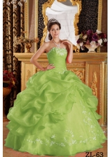 Puffy Strapless Organza Lime Green Sweet 16 Dresses with Embroidery and Pick-ups