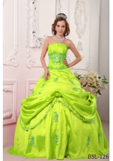 Strapless Taffeta Lime Green Quinceanera Dress with Appliques and Flowers