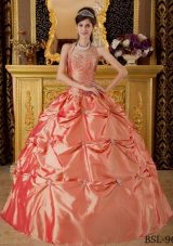 Affordable Halter Tafftea Appliques Quinceanera Gown Dresses