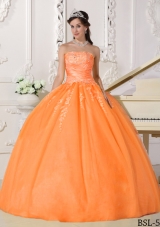 New Style Orange Puffy Strapless Sweet 16 Dresses with Appliques
