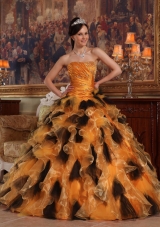 Orange and Black Strapless Organza Quinceanera Dress with Beading and Ruffles