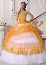 Orange and White Strapless Organza Sweet 15 Dresses with Appliques and Pick-ups