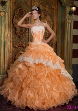 Orange Princess Strapless Ruffles and Appliques Organza Sweet Sixteen Dresses