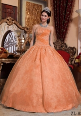 Orange Puffy Strapless Organza Appliques Quinceaneras Dresses