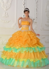 Orange Strapless Organza Quincenera Dresses with Ruffles and Beading