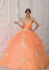Orange V-neck Quinceanera Gowns with Beading and Appliques
