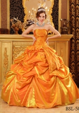 Popular Taffeta Hand Made Flowers and Pick-ups Orange Quinceneara Dresses