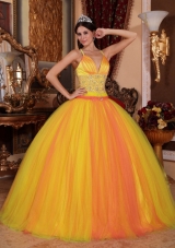 Spaghetti Straps Yellow Puffy Quinceanera Dresses with Beading
