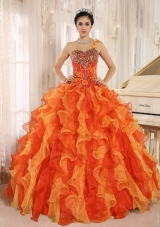 Custom Made Orange One Shoulder Beaded Decorate Quinceanera Dress with Ruffles