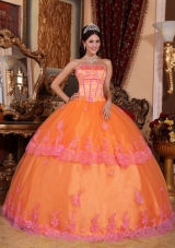 Organza Puffy Strapless Orange Quincenera Dresses with Appliques