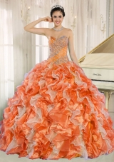 Beaded and Ruffles Custom Made For 2013 Orange Red Sweetheart Quinceanera Dresses