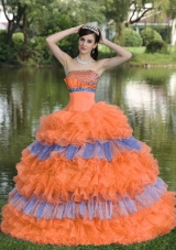 Beaded Decorate Bust Organza Strapless Tiered Quinceneara Dresses