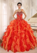 Custom Made Orange Red One Shoulder Quincenera Dresses with Ruffles and Beading
