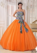Fashionable Strapless Printing Orange Red Quinceanera Dresses