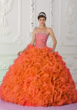 New Style Strapless Orange Red Quinceanera Dresses with Organza Ruffles and Beading