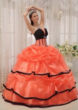 Orange Red and Black Strapless Organza Quinceaneras Dress with Beading and Pick-ups