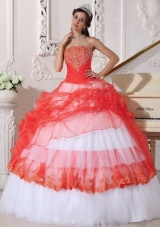 Orange Red and White  Strapless Organza Quinceneara Dresses with Appliques