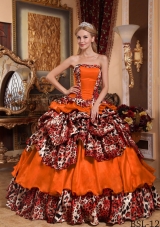 Orange Red Ball Gown Strapless Leopard Pick-ups Dresses For a Quince
