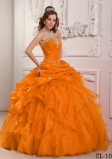 Orange Red Puffy Strapless Organza Beading and Ruffles Dresses Quinceanera