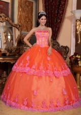 Orange Red Puffy Strapless Organza Sweet 15 Dresses with Appliques