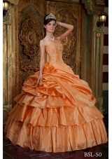 Orange Red Strapless Organza Beading and Flowers Dress For Quinceanera