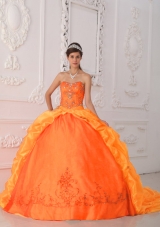 Orange Red Sweetheart Brush Train Taffeta Quinceanera Dress with Beading and Appliques