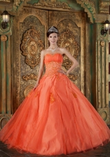 Orange Red Sweetheart Organza Appliques Dress For Quinceaneras