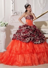 Orange Red Sweetheart Sweep Train Leopard Quinceanera Dresses with Pick-ups and Appliques