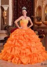 Puffy Orange Red Quinceanera Dress with Ruffles and Appliques