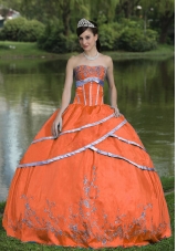 Puffy Orange Red Quinceanera Gown Dresses with Embroidery