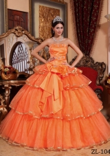 Strapless Orange Red Quinceanera Dresses with Organza Ruffles