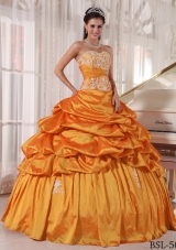 Sweetheart Orange Puffy Quinceanera Dresses Appliques and Pick-ups