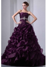 2014 Beautiful Princess Strapless Brush Train Beading and Ruching Quinceanea Dresses