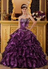 2014 Cheap Dark Purple Puffy Sweetheart Ruffles Quinceanera Dresses with Beading