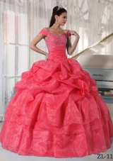 2014 Cute Watermelon Ball Gown Off The Shoulder Quinceanera Dress with Beading and Pick-ups