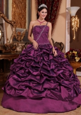 2014 Dark Purple Puffy One Shoulder Pick-ups Quinceanera Dress with Beading