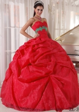 2014 Fashionable Red Puffy Sweetheart Appliques Quinceanera Dress with Pick-ups