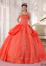 2014 Lovely Rust Red Puffy Spaghetti Straps Appliques Quinceanera Dress with Pick-ups