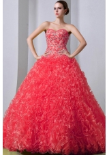 2014 New Style Watermelon Princess Sweetheart Brush Train Beading and Ruffles Quinceanea Dress
