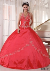 Exquisite Red Puffy Halter Appliques for 2014 Quinceanera Dress with Beading