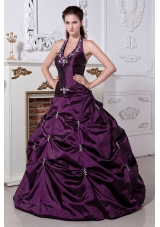Gorgeous Eggplant Purple Princess Halter Embriodery Quinceanera Gowns with Pick-ups