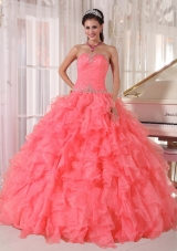 Popular Strapless Watermelon Red Ruffles and Beading Quinceanera Dress for 2014