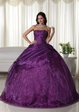 Purple Puffy Strapless 2014 Beading Quinceanera Dresses with Hand Made Flowers