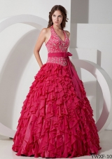 Sweet Ball Gown Halter Embroidery for 2014 Quinceanera Dress with Ruffles