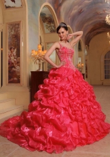 2014 Coral Red Puffy Spaghetti Straps Embroidery Quinceanera Dress with Pick-ups